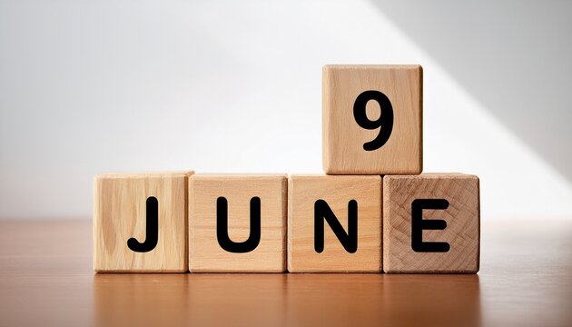 Minimalist photo of wooden blocks with date 9 June. Day and month, calendar on white background