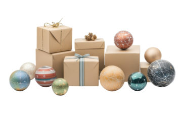 A constellation of gifts and ornaments, celebrating the magic of Christmas, nestled amongst rustic kraft paper boxes and adorned with subtle gold accents.