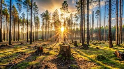 Obraz premium Golden rays illuminate a forest clearing at sunrise, tree stumps dotting the grassy landscape, sunlight filtering through tall pines creating a tranquil scene.