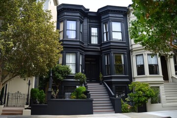Obraz premium Modern black Victorian house with manicured garden in a residential area, showcasing intricate architectural details during midday