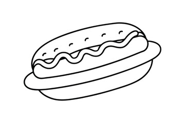 A black and white line art drawing of a hot dog in a bun with a squiggle of mustard on top.eps
