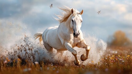 Obraz premium This breathtaking image captures a white horse in full sprint through a flower-filled meadow, with a serene background of soft clouds and a bright sky, symbolizing liberty.