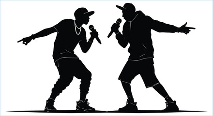 Silhouettes of rapping artists in hip hop pose. Black silhouettes of rappers singing with microphones 
