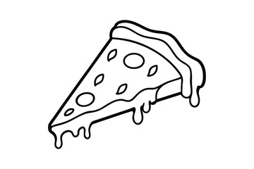 A black and white line art drawing of a slice of pizza with melted cheese dripping down.eps