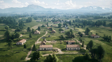 Fototapeta premium Aerial View Of A Rural Village With Old Buildings And Lush Green Fields