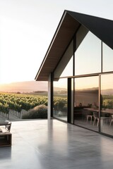 Fototapeta premium Modern architecture blends with vineyard landscape during sunset, showcasing large glass windows and a stylish outdoor seating area in serene surroundings