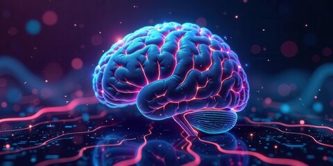 Fototapeta premium Illuminated Human Brain, Abstract Neural Network Representation, Glowing with Pink and Blue Energy