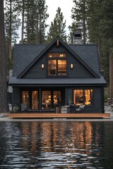 Obraz premium Modern lakeside cabin with warm lights reflecting on water at twilight surrounded by tall pine trees creating a serene atmosphere