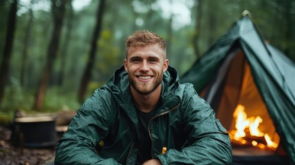 A smiling man in a green rain jacket enjoys his time camping in a lush green forest, reflecting the joy of nature and adventure with warmth despite the rainy weather.