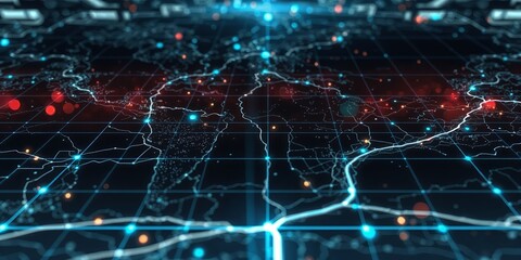 Obraz premium Illuminated world map with glowing lines and dots on a grid background in a futuristic style