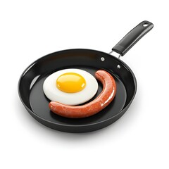Sausages and egg on frying pan 3d icon isolated on white background