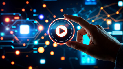 Hand tapping digital interface with futuristic icons