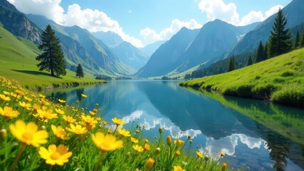 Serene Mountain Lake Scene with Vibrant Yellow Flowers Blooming in Lush Green Meadows