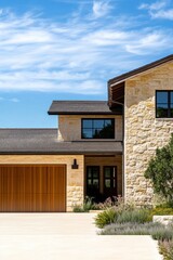 A contemporary stone house features an elegant wooden garage door, beautifully complemented by a landscaped garden, all basking under a bright, clear blue sky during the day