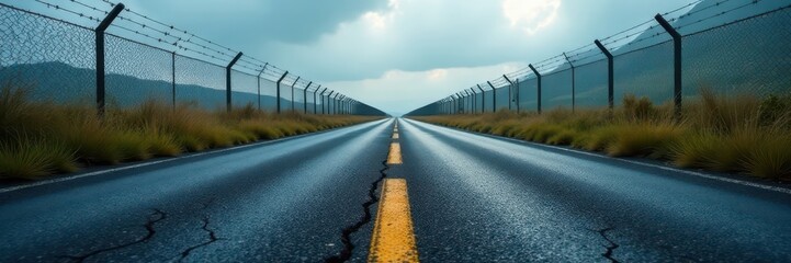 Fototapeta premium Cracked asphalt, barbed wire fence, overcast sky, image, road