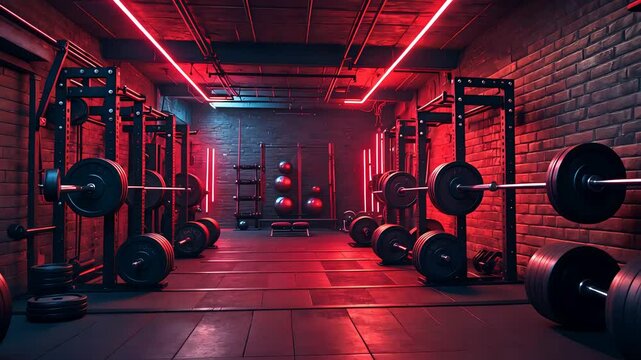 Modern Underground Gym with Red LED Lighting and Heavy Barbell Equipment in Industrial Brick-Walled Workout Facility

