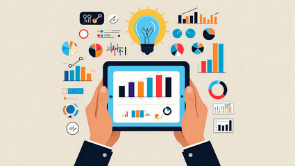 Hands holding ipad with marketing and data icons