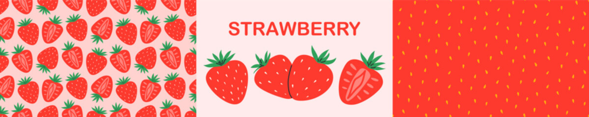 Strawberry, seeds seamless pattern set. Fruit and berry jam background and icon. Flat Vector illustration  