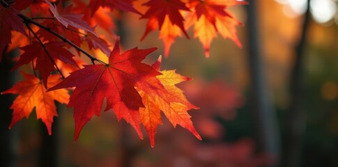 Crimson and gold maple leaves, sharply defined pine tree profiles, vibrant, maple leaves