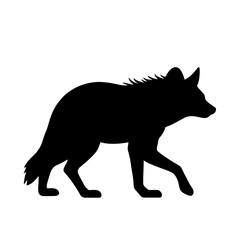 Minimalist black silhouette of a hyena walking with distinctive sloped back
