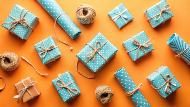 A festive arrangement of wrapped presents and twine on a vibrant orange background