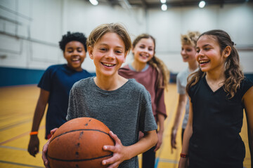 Group of cheerful students engage in basketball practice, showcasing teamwork and enjoyment in their school gym after classes
