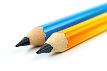 Two pencils, one blue, one orange, close-up