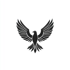 Black dove, wings spread, soaring, white background, logo design