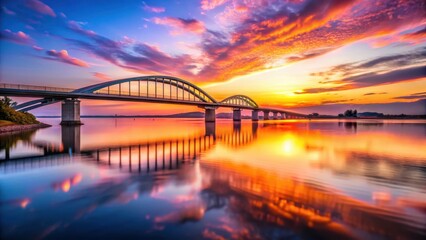 Naklejka premium Serene Sunset Bridge Reflection A Picturesque Vista of Tranquil Waters and Vibrant Sky