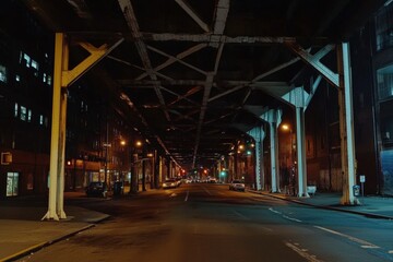 A photograph of the steel bridge with white cross beams at night, taken from underneath it Generative AI