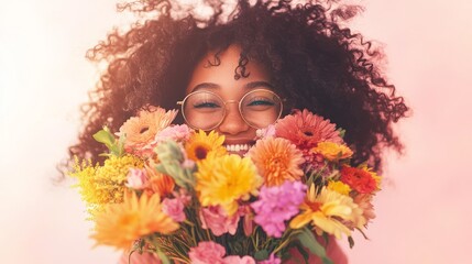 Naklejka premium Joyful Woman with Curly Hair Holding Bright Colorful Flowers on Pink Pastel Background