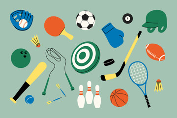 Sports equipment flat vector set – Icons of balls, rackets, bat, helmet, gloves, jump rope, darts, boxing glove, hockey stick, badminton, tennis, basketball, soccer, bowling, ping pong