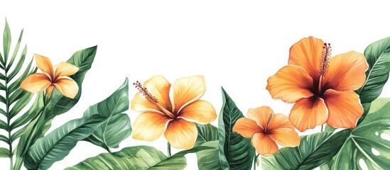 Obraz premium Tropical hibiscus and palm leaves border; white background