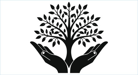 Tree of life with hands silhouettes vector art. Human hands holding growing tree silhouettes vector design
