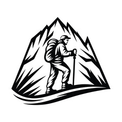 Fototapeta premium Monochrome Silhouette Backpacker trekking through Mountain Pass with hiking Pole