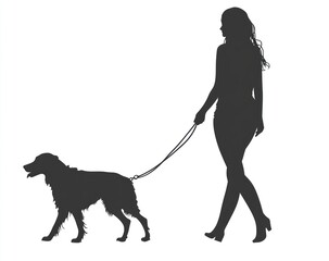 Silhouette of a woman walking a dog on a leash, isolated, for graphics or design