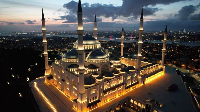 Camlica Mosque (Camlica Cami) in the Sunset Drone Video, Camlica Uskudar, Istanbul Turkiye (Turkey)