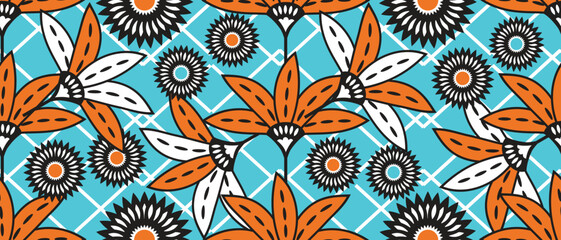 African ethnic traditional Blue pattern. seamless beautiful Kitenge, chitenge, dutch wax style. fashion design in colorful. botanical abstract motif. orange floral Ankara prints, African wax prints.