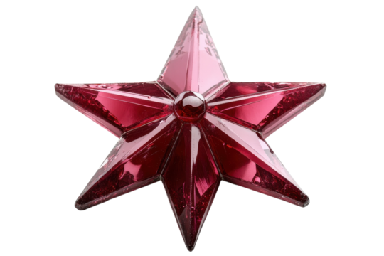 A radiant crimson star, a symbol of hope and wonder, shines with an inner light, its facets catching the light in a dazzling display.