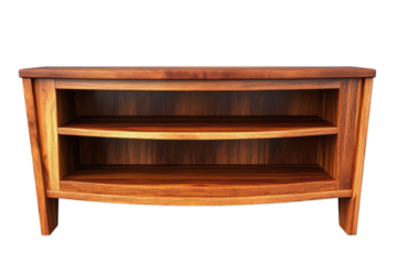 A rich, handcrafted hardwood media console, showcasing elegant curved shelves and a warm, inviting reddish-brown finish.