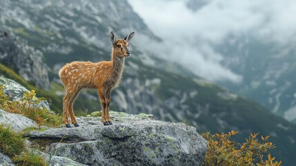 Obraz premium Serene Mountain Fawn: A Breathtaking Alpine Vista