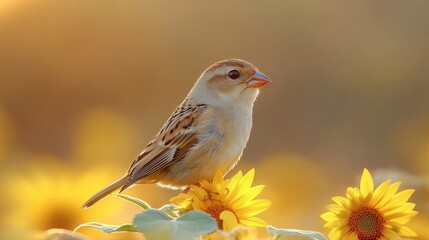 Obraz premium Sparrow perched on sunflowers