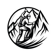 Monochrome Clipart of Mountaineer Climbing the High Mountain Peaks Inside Round
