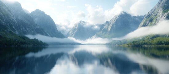 Serene mountain lake reflection, misty peaks, calm water, travel background