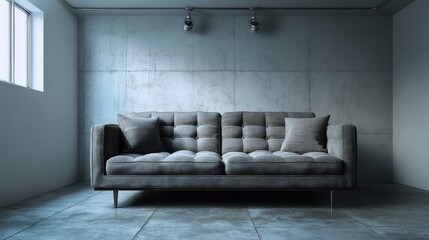 Modern Gray Sofa in Minimalist Loft Apartment with Concrete Walls