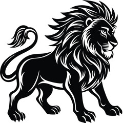 Obraz premium Striking Black Lion Illustration, Majestic Mane, Walking Profile, Bold Silhouette on White