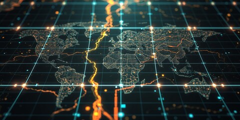 Obraz premium Digital world map with glowing grid lines and orange data streams on a dark background technology concept