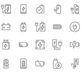 Electric charging outline line icons. Collection of modern high quality EV, battery, USB station, plug, renewable power, solar panel and cable. Solid icon collection. Vector illustration. 