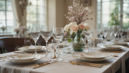 Elegant Table Setting: A meticulously arranged dining table with gleaming glassware, pristine plates, and delicate floral centerpieces, bathed in soft, natural light.