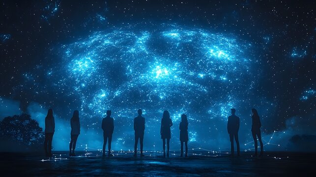 Business team unveiling a new digital presentation on a starry stage